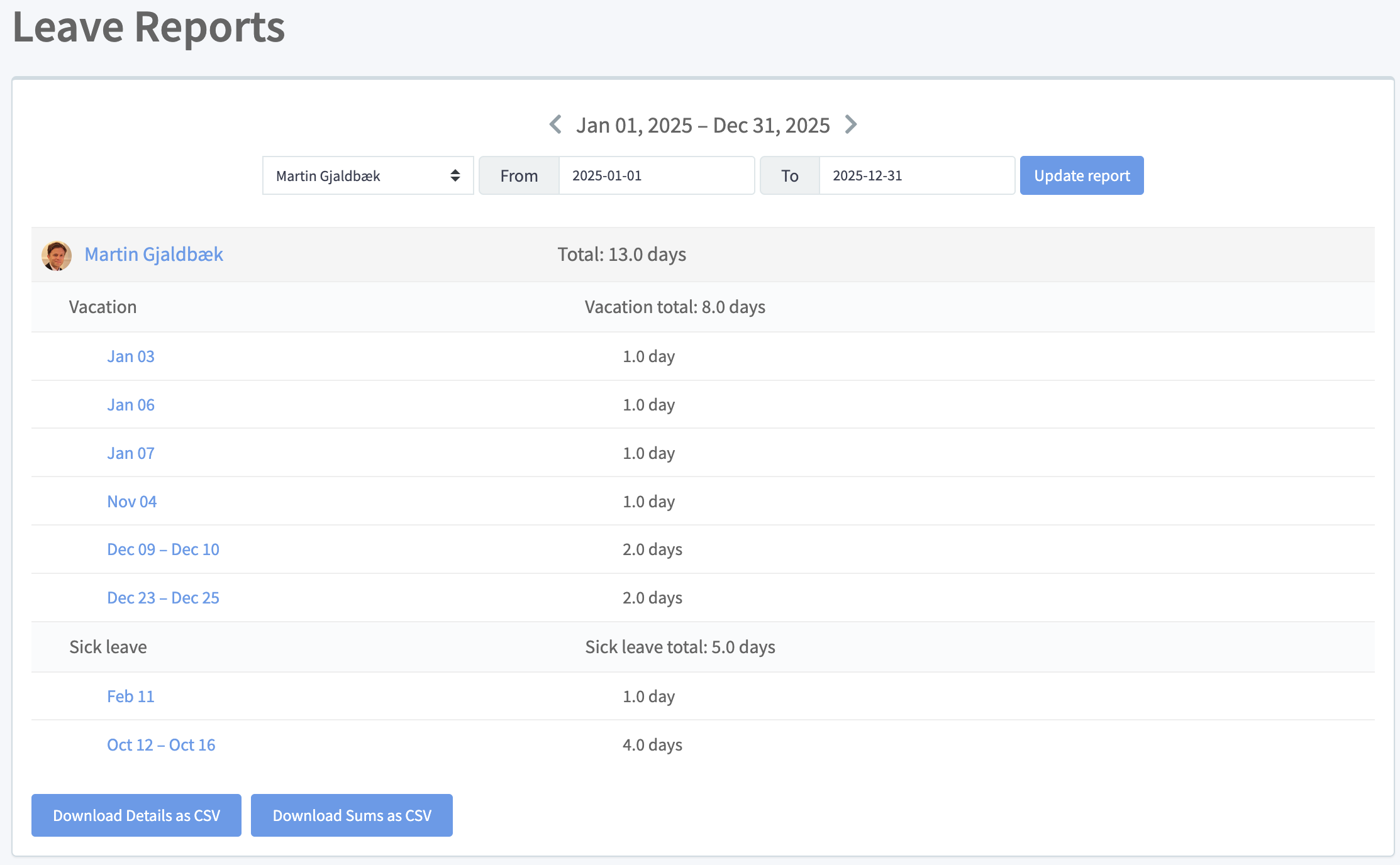 Individual annual leave report - as linked from profile